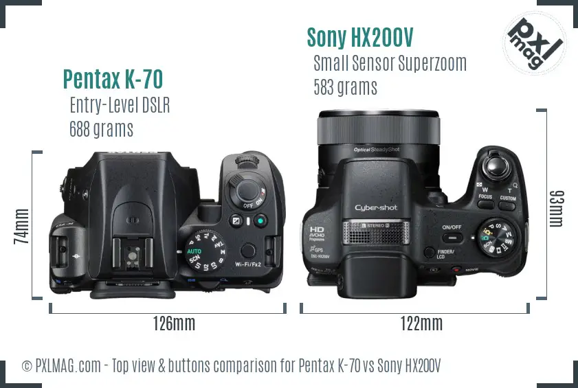 Pentax K-70 vs Sony HX200V top view buttons comparison