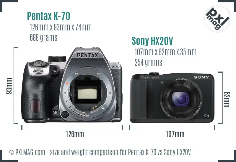 Pentax K-70 vs Sony HX20V size comparison