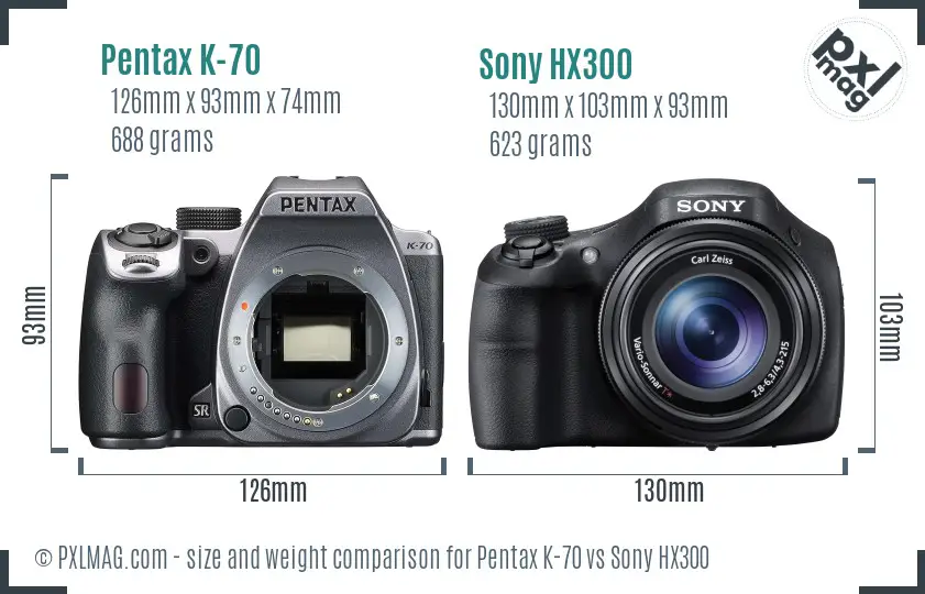 Pentax K-70 vs Sony HX300 size comparison