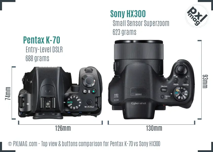 Pentax K-70 vs Sony HX300 top view buttons comparison