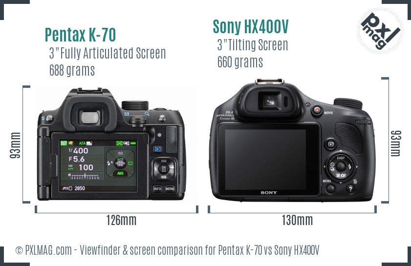 Pentax K-70 vs Sony HX400V Screen and Viewfinder comparison