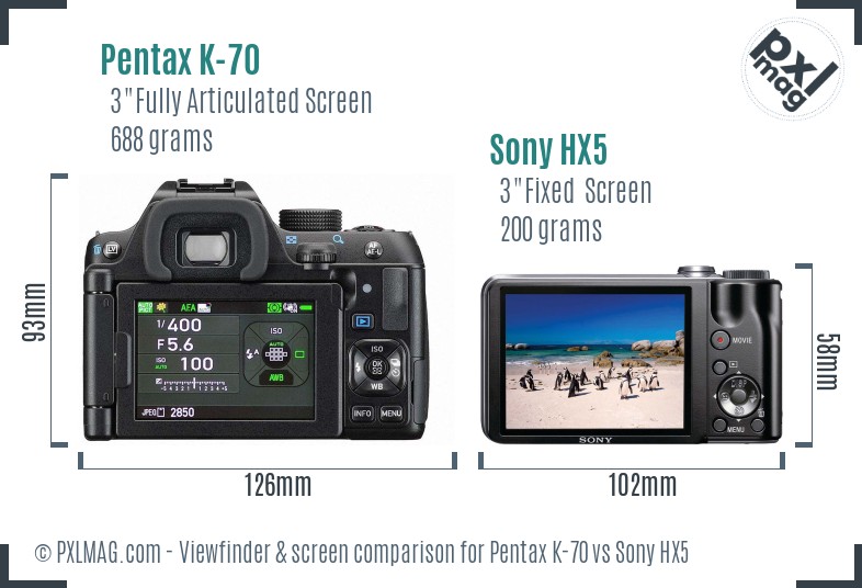 Pentax K-70 vs Sony HX5 Screen and Viewfinder comparison