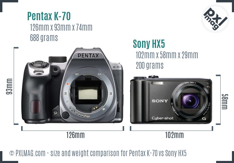 Pentax K-70 vs Sony HX5 size comparison