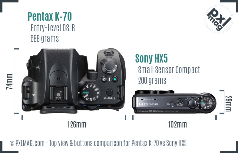 Pentax K-70 vs Sony HX5 top view buttons comparison