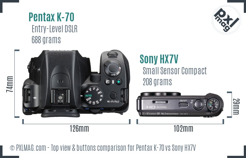 Pentax K-70 vs Sony HX7V top view buttons comparison