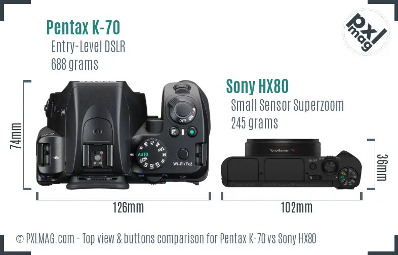 Pentax K-70 vs Sony HX80 top view buttons comparison Pentax K-70 vs Sony HX80 top view buttons comparison