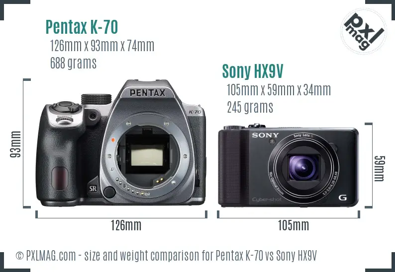 Pentax K-70 vs Sony HX9V size comparison