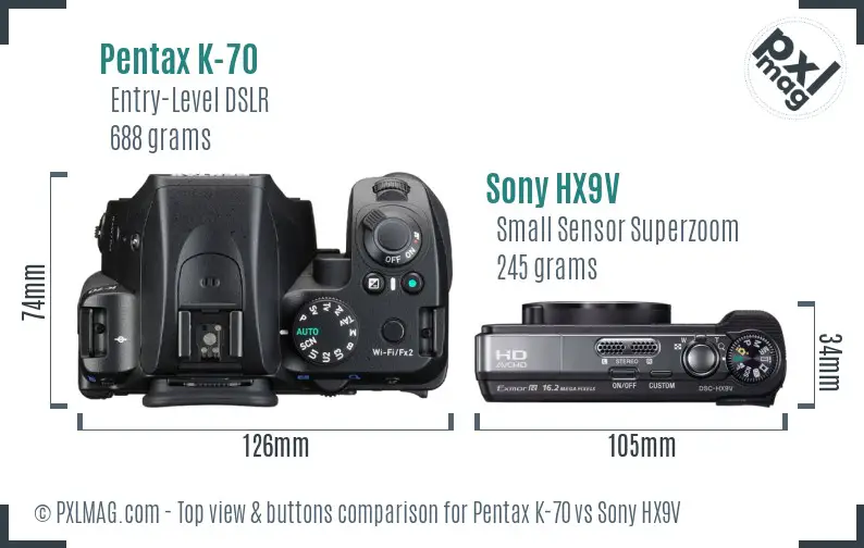 Pentax K-70 vs Sony HX9V top view buttons comparison