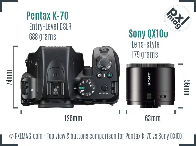 Pentax K-70 vs Sony QX100 top view buttons comparison