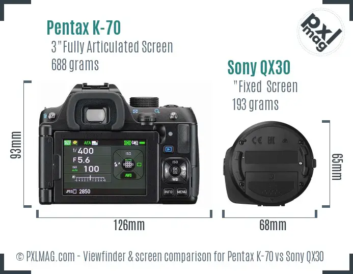 Pentax K-70 vs Sony QX30 Screen and Viewfinder comparison