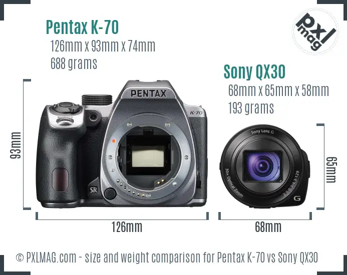 Pentax K-70 vs Sony QX30 size comparison