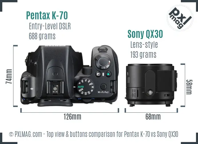 Pentax K-70 vs Sony QX30 top view buttons comparison