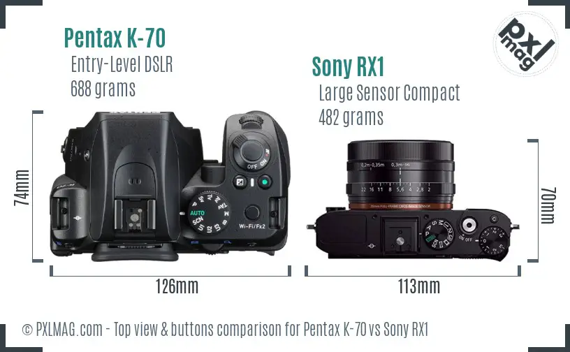 Pentax K-70 vs Sony RX1 top view buttons comparison Pentax K-70 vs Sony RX1 top view buttons comparison