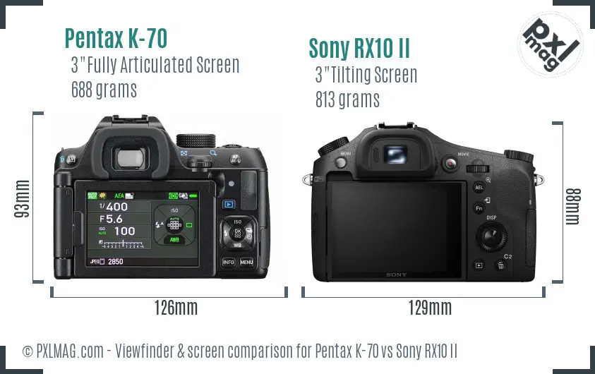 Pentax K-70 vs Sony RX10 II Screen and Viewfinder comparison