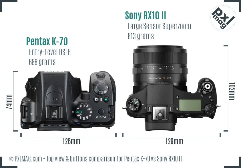 Pentax K-70 vs Sony RX10 II top view buttons comparison