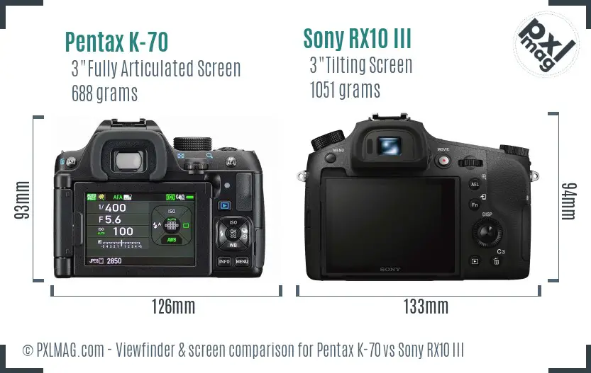 Pentax K-70 vs Sony RX10 III Screen and Viewfinder comparison