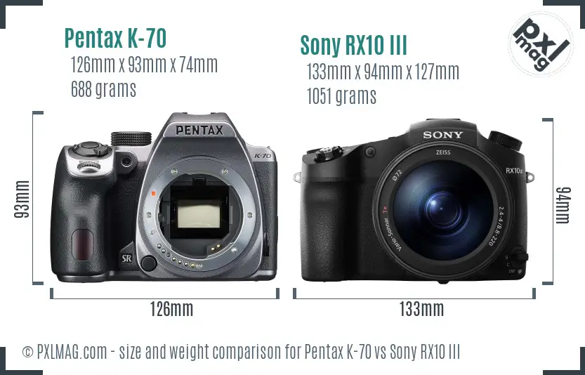 Pentax K-70 vs Sony RX10 III size comparison