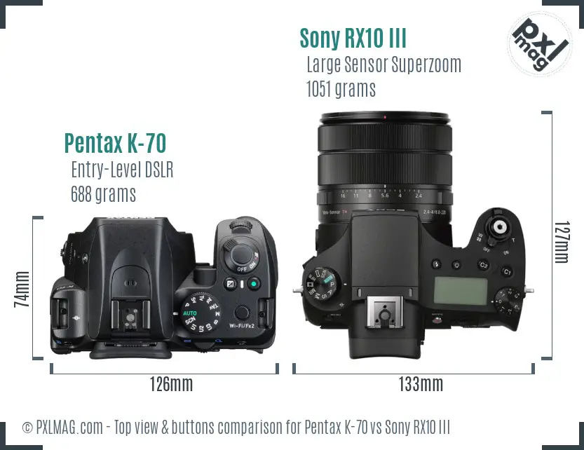 Pentax K-70 vs Sony RX10 III top view buttons comparison