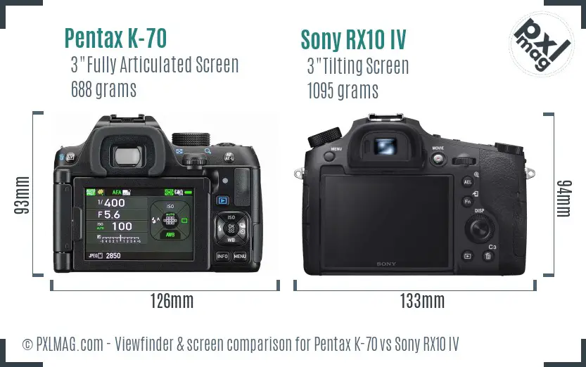 Pentax K-70 vs Sony RX10 IV Screen and Viewfinder comparison