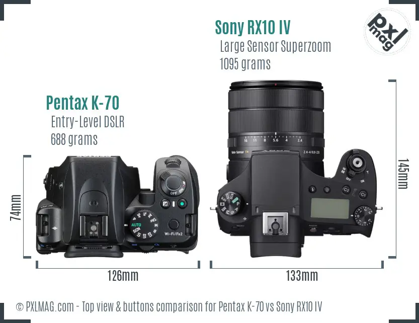 Pentax K-70 vs Sony RX10 IV top view buttons comparison