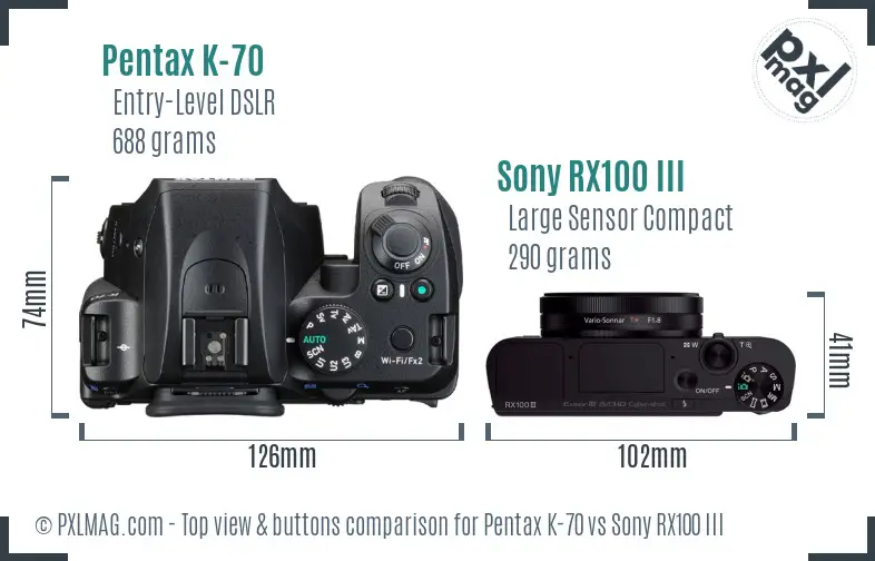 Pentax K-70 vs Sony RX100 III top view buttons comparison Pentax K-70 vs Sony RX100 III top view buttons comparison