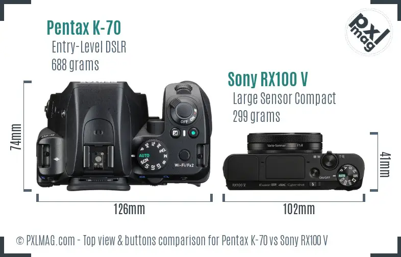 Pentax K-70 vs Sony RX100 V top view buttons comparison