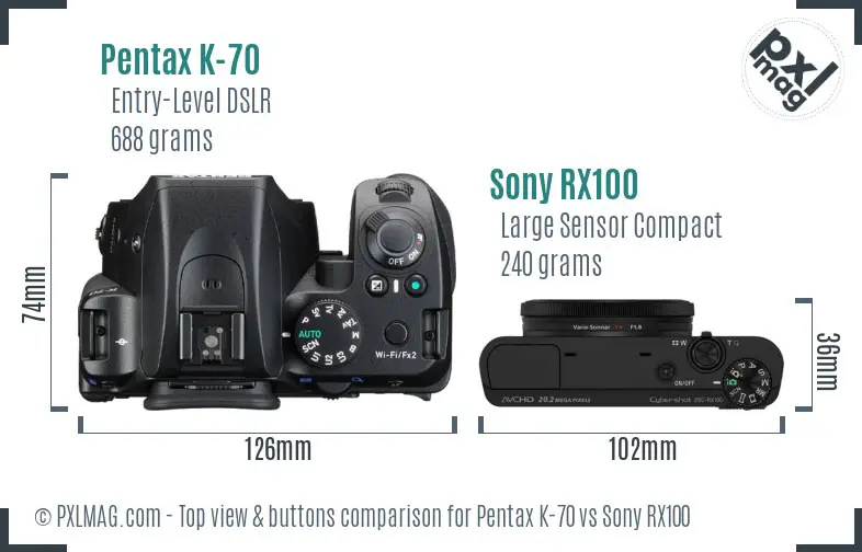 Pentax K-70 vs Sony RX100 top view buttons comparison