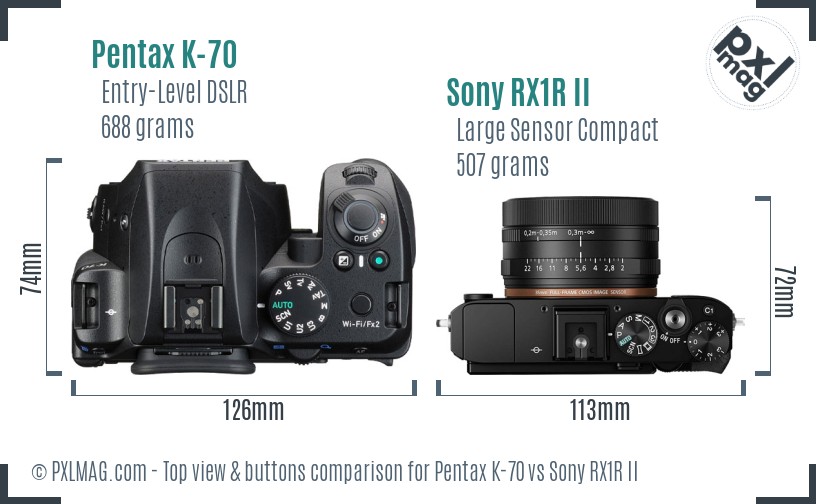 Pentax K-70 vs Sony RX1R II top view buttons comparison