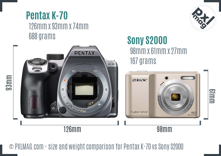 Pentax K-70 vs Sony S2000 size comparison Pentax K-70 vs Sony S2000 size comparison