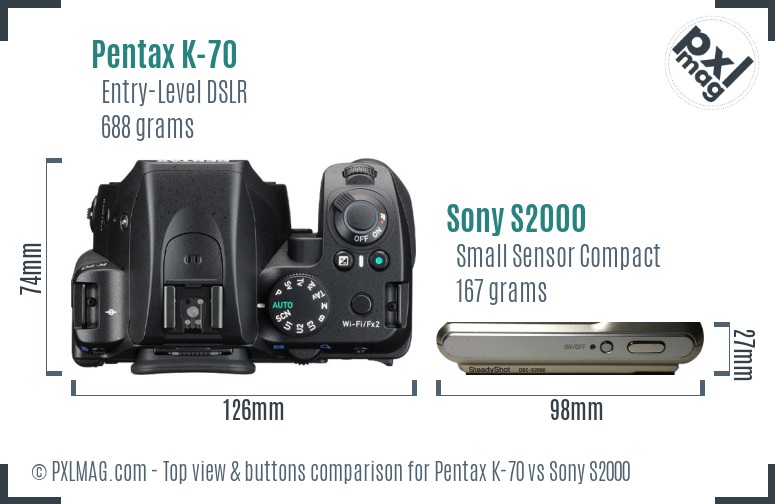 Pentax K-70 vs Sony S2000 top view buttons comparison
