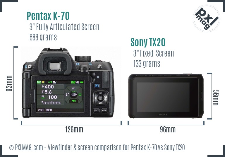 Pentax K-70 vs Sony TX20 Screen and Viewfinder comparison