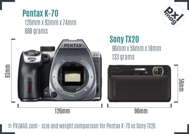 Pentax K-70 vs Sony TX20 size comparison