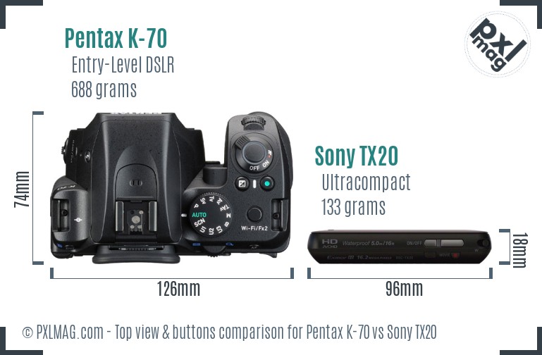 Pentax K-70 vs Sony TX20 top view buttons comparison