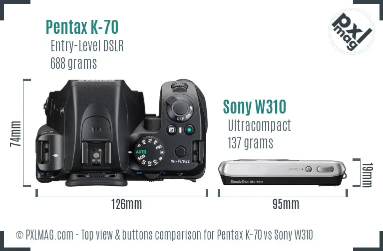 Pentax K-70 vs Sony W310 top view buttons comparison