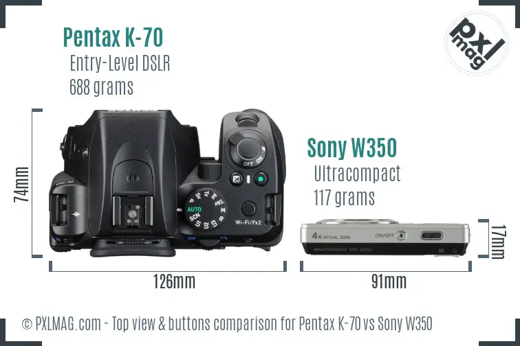 Pentax K-70 vs Sony W350 top view buttons comparison Pentax K-70 vs Sony W350 top view buttons comparison