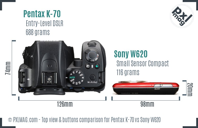 Pentax K-70 vs Sony W620 top view buttons comparison
