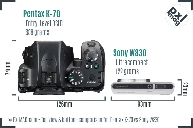 Pentax K-70 vs Sony W830 top view buttons comparison