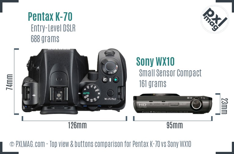 Pentax K-70 vs Sony WX10 top view buttons comparison