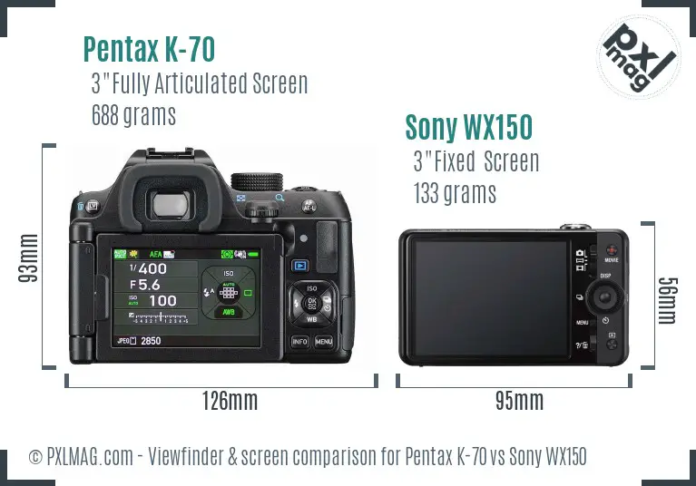 Pentax K-70 vs Sony WX150 Screen and Viewfinder comparison