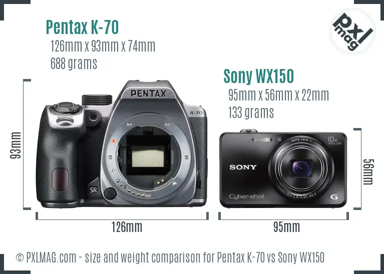 Pentax K-70 vs Sony WX150 size comparison