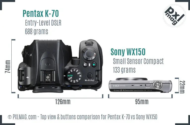 Pentax K-70 vs Sony WX150 top view buttons comparison