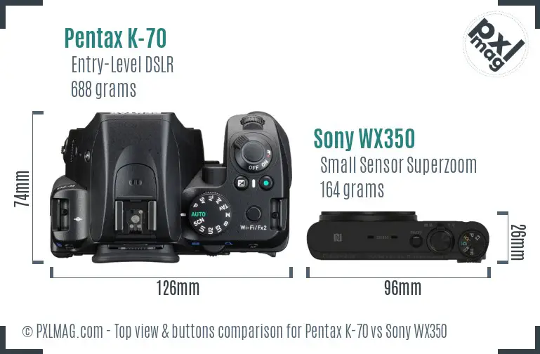 Pentax K-70 vs Sony WX350 top view buttons comparison Pentax K-70 vs Sony WX350 top view buttons comparison