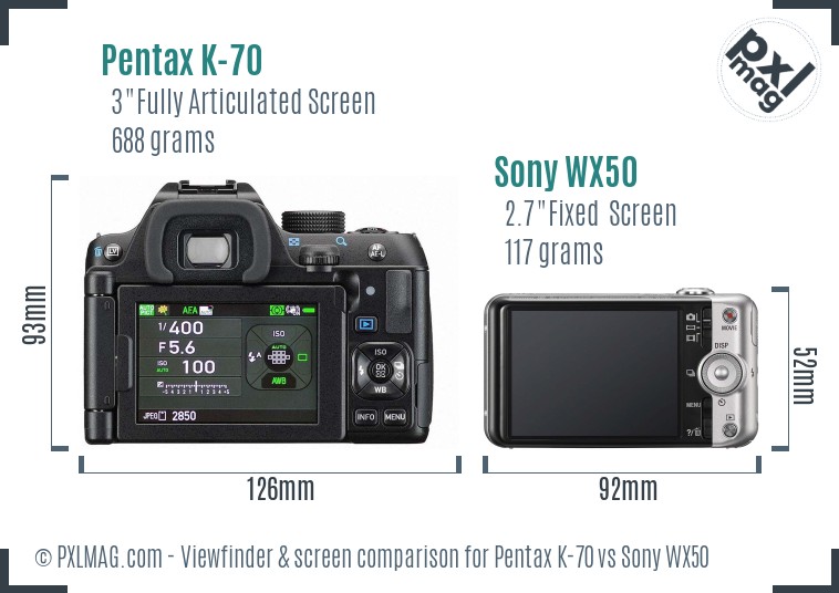 Pentax K-70 vs Sony WX50 Screen and Viewfinder comparison