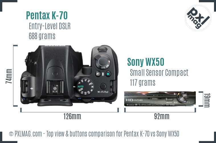 Pentax K-70 vs Sony WX50 top view buttons comparison