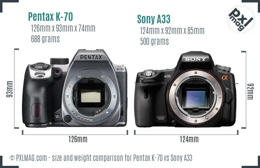 Pentax K-70 vs Sony A33 size comparison