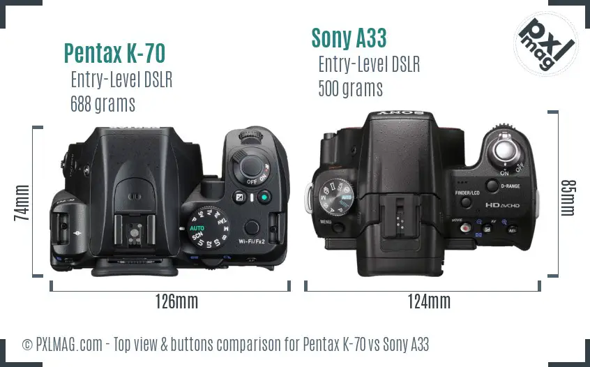 Pentax K-70 vs Sony A33 top view buttons comparison