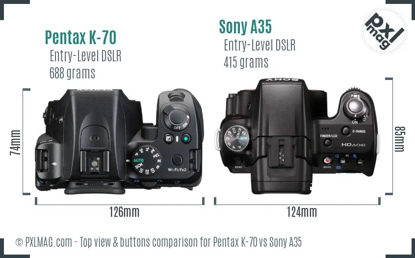Pentax K-70 vs Sony A35 top view buttons comparison