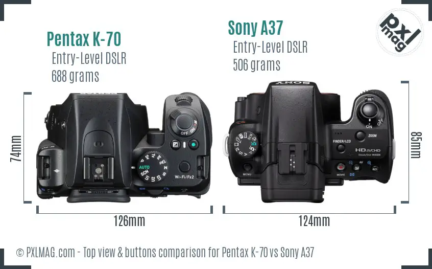 Pentax K-70 vs Sony A37 top view buttons comparison