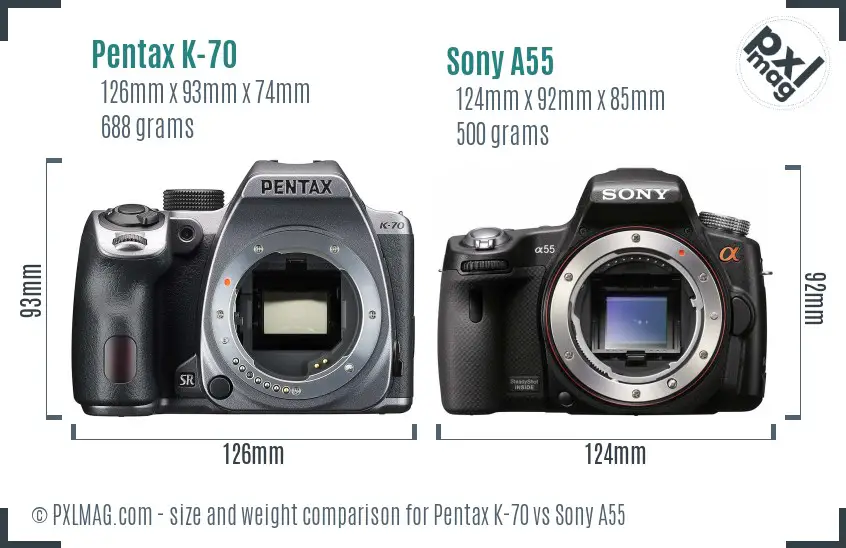Pentax K-70 vs Sony A55 size comparison