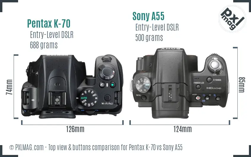 Pentax K-70 vs Sony A55 top view buttons comparison